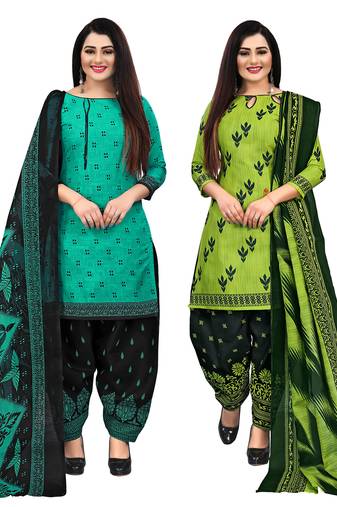 beige & pista green cotton printed unstitched salwar suit material (combo of 2)
