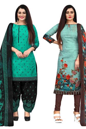 beige & pista green cotton printed unstitched salwar suit material (combo of 2)