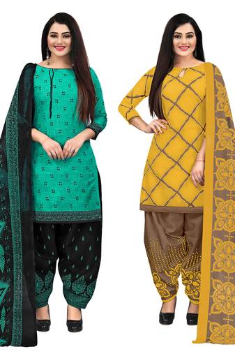 beige & pista green cotton printed unstitched salwar suit material (combo of 2)