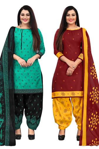 beige & pista green cotton printed unstitched salwar suit material (combo of 2)