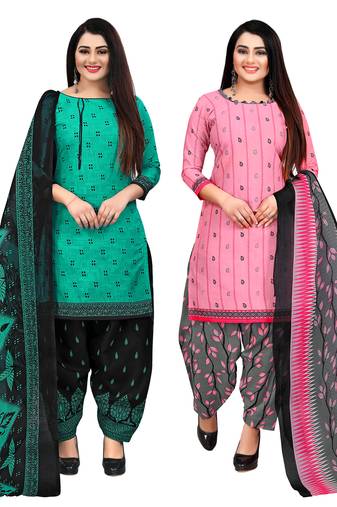 beige & pista green cotton printed unstitched salwar suit material (combo of 2)