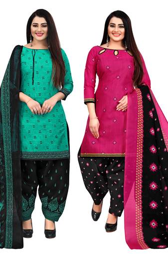 beige & pista green cotton printed unstitched salwar suit material (combo of 2)