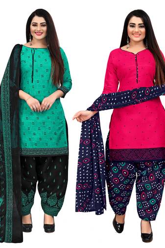 beige & pista green cotton printed unstitched salwar suit material (combo of 2)