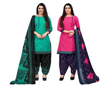 beige & pista green cotton printed unstitched salwar suit material (combo of 2) 1