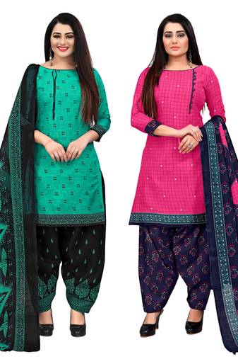 beige & pista green cotton printed unstitched salwar suit material (combo of 2)