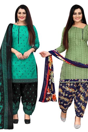 beige & pista green cotton printed unstitched salwar suit material (combo of 2)