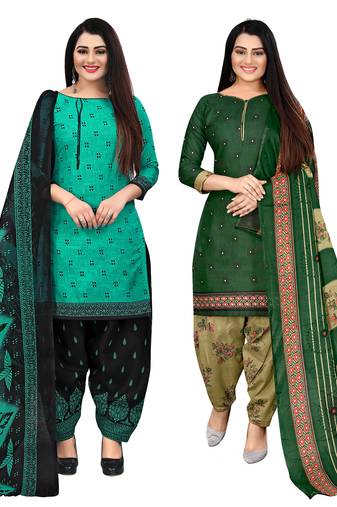 beige & pista green cotton printed unstitched salwar suit material (combo of 2)