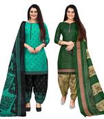 beige & pista green cotton printed unstitched salwar suit material (combo of 2)