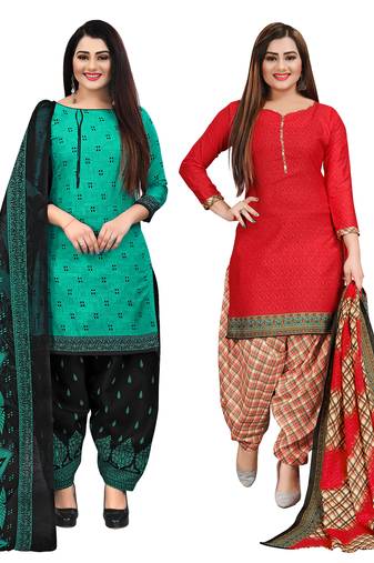 beige & pista green cotton printed unstitched salwar suit material (combo of 2)
