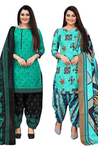 beige & pista green cotton printed unstitched salwar suit material (combo of 2)