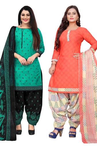 beige & pista green cotton printed unstitched salwar suit material (combo of 2)