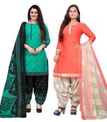 beige & pista green cotton printed unstitched salwar suit material (combo of 2)