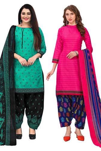 beige & pista green cotton printed unstitched salwar suit material (combo of 2)