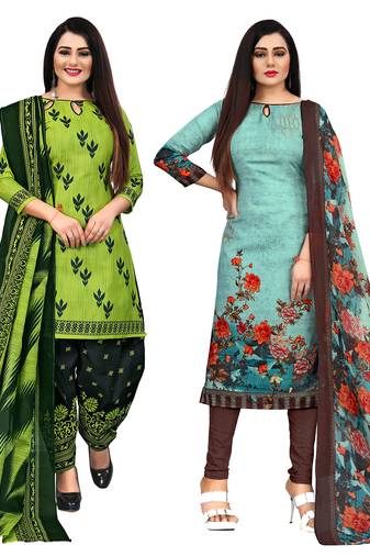 beige & pista green cotton printed unstitched salwar suit material (combo of 2)