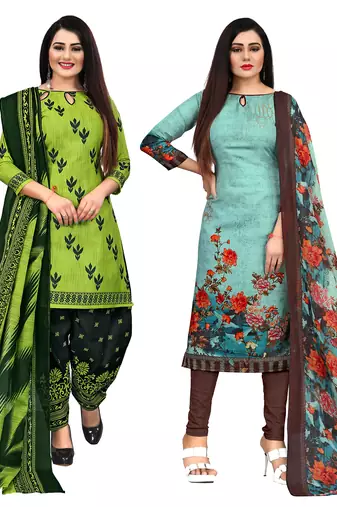 beige & pista green cotton printed unstitched salwar suit material (combo of 2)