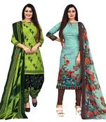 beige & pista green cotton printed unstitched salwar suit material (combo of 2)