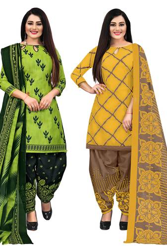 beige & pista green cotton printed unstitched salwar suit material (combo of 2)