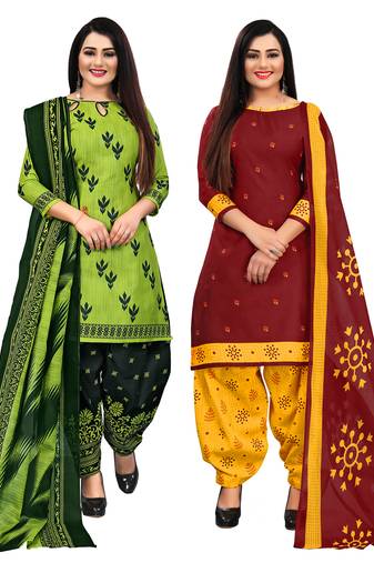 beige & pista green cotton printed unstitched salwar suit material (combo of 2)