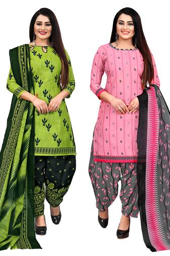 beige & pista green cotton printed unstitched salwar suit material (combo of 2)