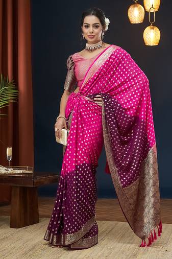 Pink zari butti work pure georgette traditional saree with blouse