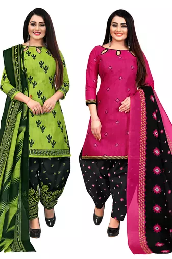 beige & pista green cotton printed unstitched salwar suit material (combo of 2)