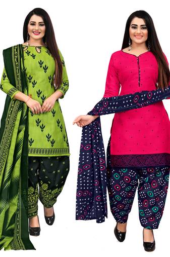 beige & pista green cotton printed unstitched salwar suit material (combo of 2)