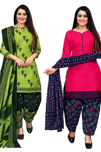 beige & pista green cotton printed unstitched salwar suit material (combo of 2)