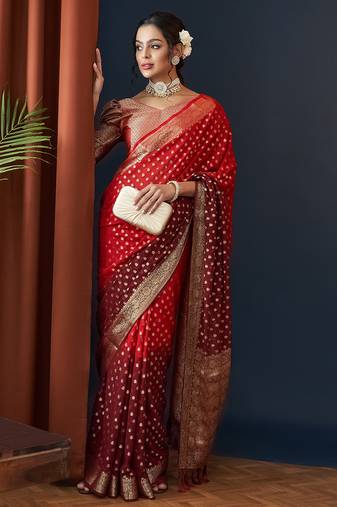 Red zari butti work pure georgette traditional saree with blouse