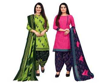 beige & pista green cotton printed unstitched salwar suit material (combo of 2) 1