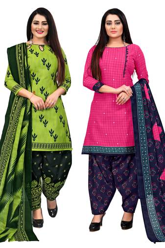 beige & pista green cotton printed unstitched salwar suit material (combo of 2)