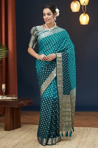 Blue zari butti work pure georgette traditional saree with blouse