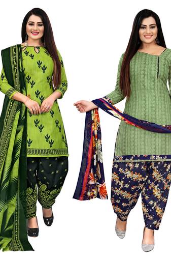 beige & pista green cotton printed unstitched salwar suit material (combo of 2)
