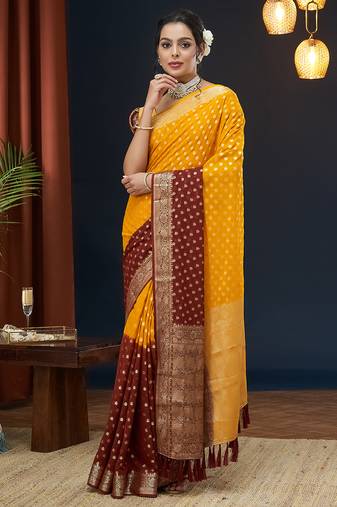 Yellow zari butti work pure georgette traditional saree with blouse
