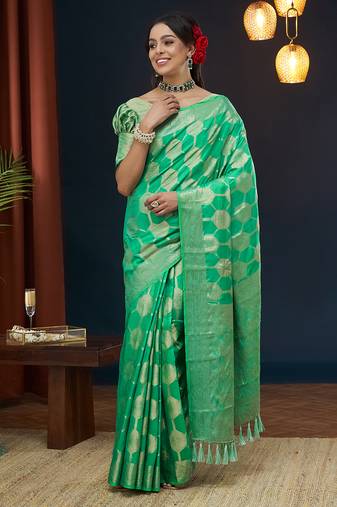 Green jacquard zari work design viscose dola silk saree traditional saree with blouse
