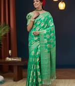 Green jacquard zari work design viscose dola silk saree traditional saree with blouse