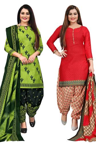 parrot green and red cotton printed unstitched salwar suit material (combo of 2)