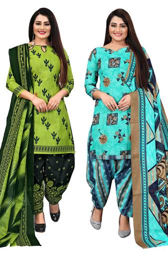 beige & pista green cotton printed unstitched salwar suit material (combo of 2)