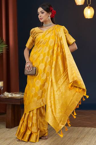 Yellow jacquard zari work design viscose dola silk saree traditional saree with blouse