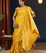 Yellow jacquard zari work design viscose dola silk saree traditional saree with blouse