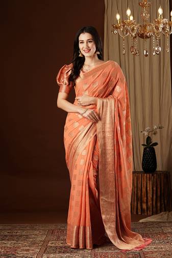 Peach zari work design pure georgette saree traditional saree with blouse