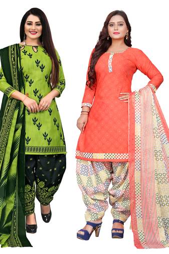 beige & pista green cotton printed unstitched salwar suit material (combo of 2)