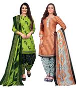 beige & pista green cotton printed unstitched salwar suit material (combo of 2)