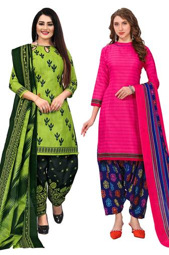 beige & pista green cotton printed unstitched salwar suit material (combo of 2)