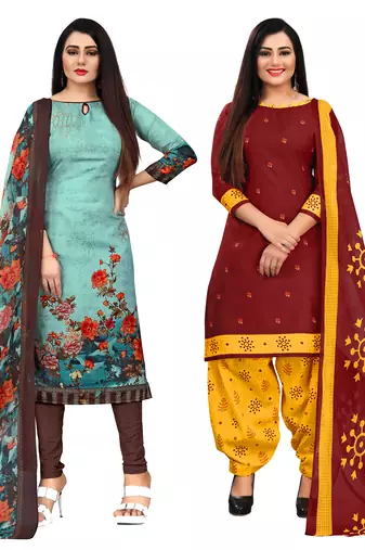 beige & pista green cotton printed unstitched salwar suit material (combo of 2)
