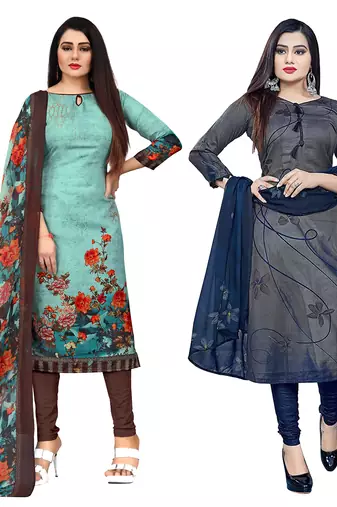 pista green and grey cotton printed unstitched salwar suit material (combo of 2)