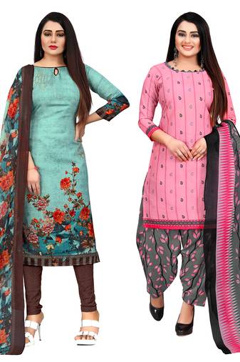 pista green and baby pink cotton printed unstitched salwar suit material (combo of 2)