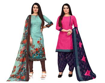 pista green and magenta cotton printed unstitched salwar suit material (combo of 2) 1
