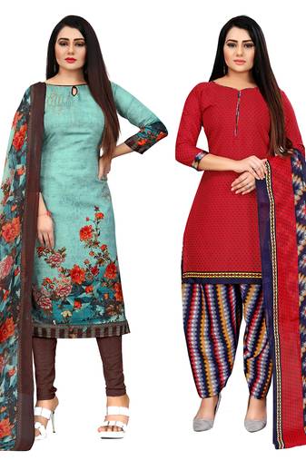 pista green and red cotton printed unstitched salwar suit material (combo of 2)
