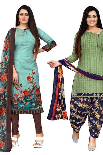 pista green and green cotton printed unstitched salwar suit material (combo of 2)