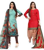 pista green and red cotton printed unstitched salwar suit material (combo of 2)